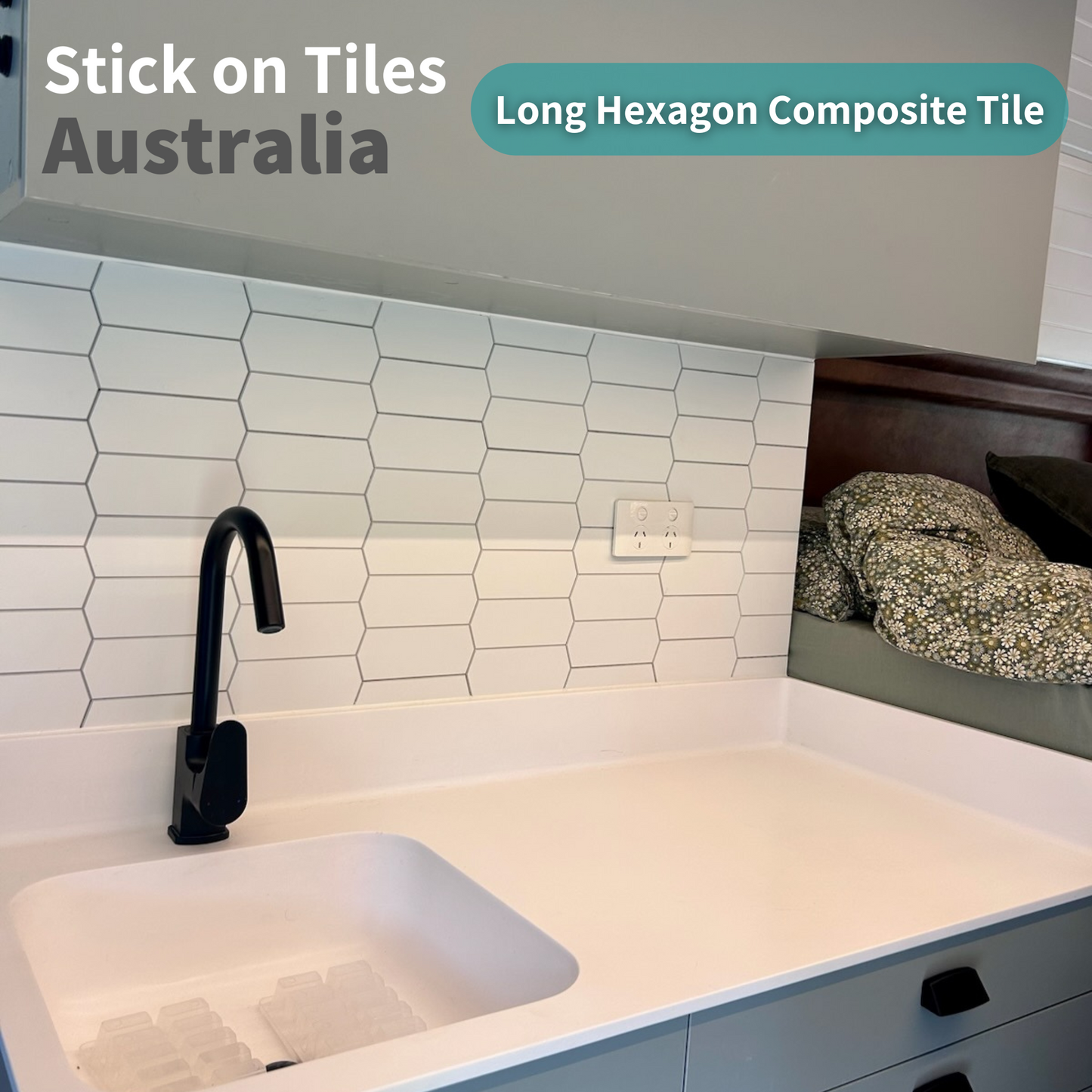 Long Hexagon Stick on Composite Tile - White