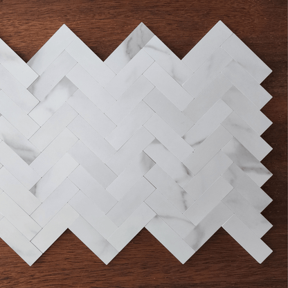 Herringbone Stick on Composite Tile - Carrara Marble - Stick on Tiles AustraliaStick on Tiles Australia