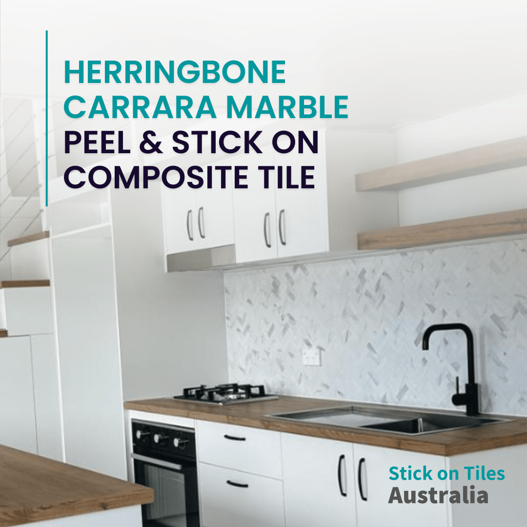 Herringbone Stick on Composite Tile - Carrara Marble - Stick on Tiles AustraliaStick on Tiles Australia