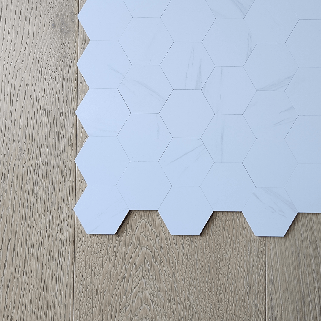 Hexagon Stick on Composite Tile - Carrara Marble - Stick on Tiles AustraliaStick on Tiles Australia