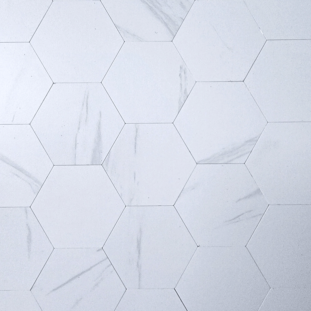 Hexagon Stick on Composite Tile - Carrara Marble - Stick on Tiles AustraliaStick on Tiles Australia